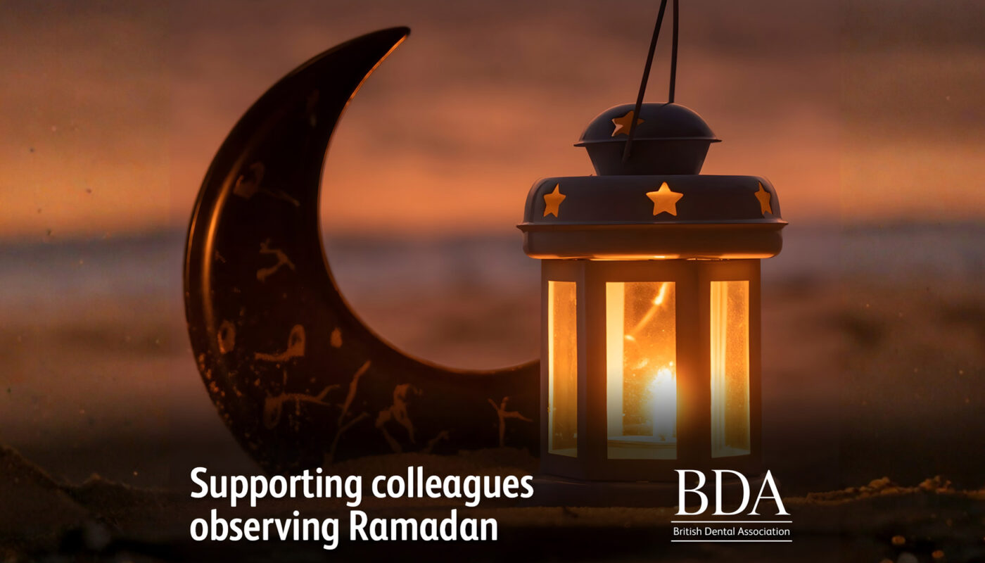British Dental Association’ın Ramazan ayında oruç tutan diş hekimleri ve hastalar için yayımladığı destek rehberini temsil eden kurumsal görsel
